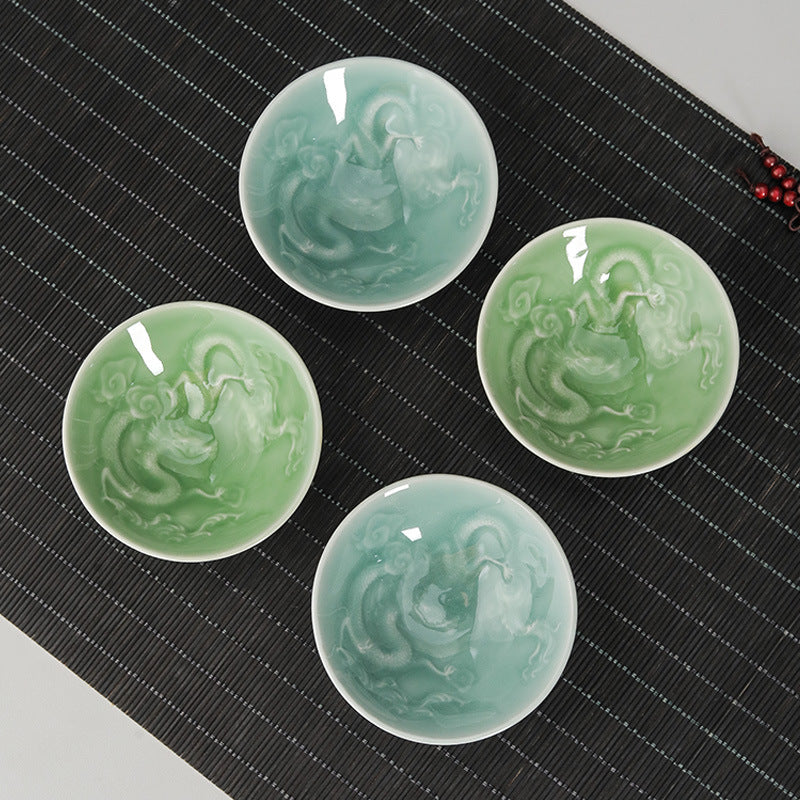 Ceramic tea set single cup tea cup Longquan relief shadow carving celadon single cup master cup